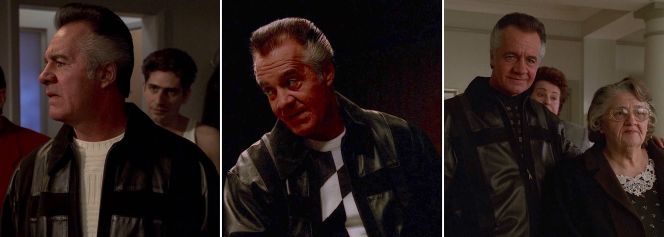 Paulie wears crew-neck knitwear under his black leather-and-suede jacket in The Sopranos' third season episodes "Second Opinion" (Episode 3.07), "...To Save Us All from Satan's Power" (Episode 3.10), and "Army of One" (Episode 3.13), which also introduces us to his presumed mother Marianucci "Nucci" Gualtieri (Frances Esemplare).
